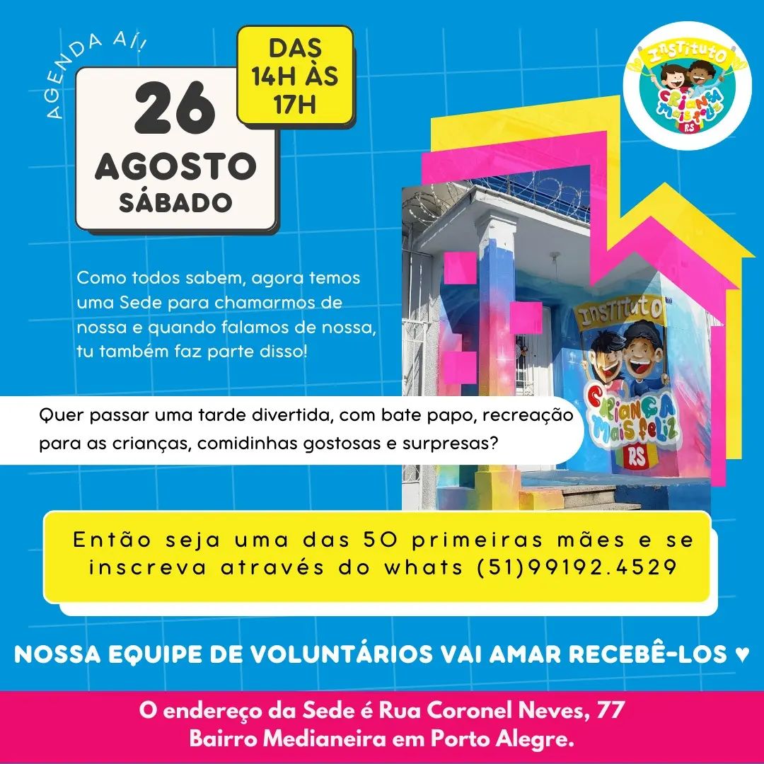 No próximo sábado dia 26 de Agosto, abriremos as portas da nossa casa para receber as mães e crianças das comunidades, além de todos que quiserem conhecer nosso espaço 😍
Faremos uma tarde de bate papo com as mães, comidinhas para as crianças, recreação, brincadeiras , surpresas e como sempre, a entrega de muito carinho e amor dos nossos voluntários!
A casa está aberta para todos que quiserem conhecer a nossa Sede, levarem doações, comprarem itens do brechó, adquirirem as nossas camisetas e claro, pra ficarem sabendo como podem nos ajudar para que possamos continuar esse trabalho tão lindo e importante para as crianças!
Mamães, se liguem aí e se inscrevam através do whats 51.99192.4529.
Quem quiser ajudar contribuindo basta fazer um pix. Nossa chave é o nosso CNPJ 39.680.115/0001-00.