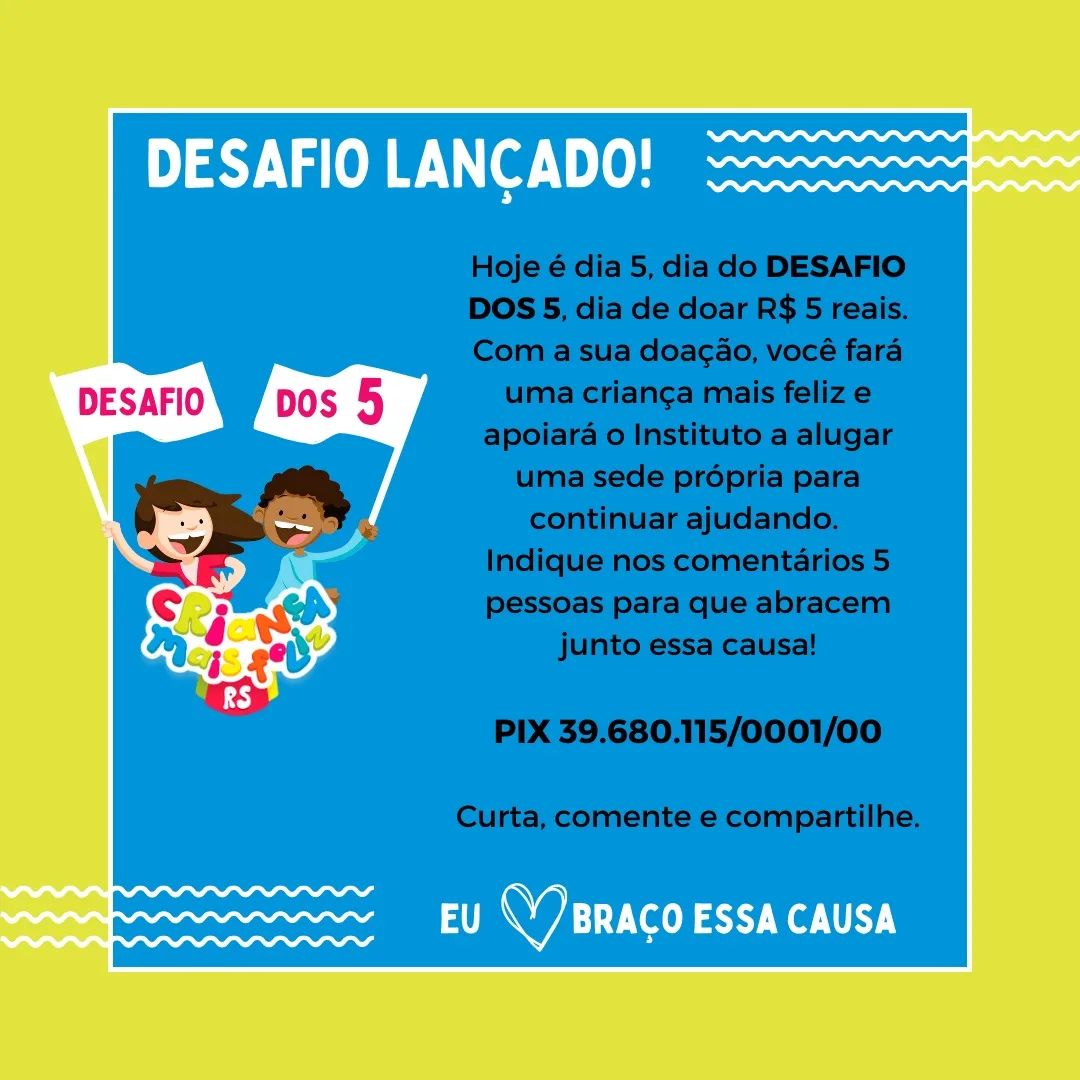 Chegou o grande dia! Lançamos mais uma vez o desafio que é mega especial para nós e para as nossas crianças.
Hoje, convidamos vocês a doarem qualquer valor para nos apoiarem e assim, conseguirmos alugar uma Sede própria para continuar fazendo cada vez mais, muitas crianças mais felizes.
Nossa concepção de Sede não é apenas um local para armazenarmos doações e podermos atender as mães quando elas nos procuram (isso acontece diariamente) e sim, um local para juntos, também podermos criar programas específicos de atendimento às mães e às Crianças, com atendimento psicopedagógico,.oficinas, bazares beneficentes entre tantos outros.
Nosso PIX é: 51.99192.4529
Marque nos comentários as pessoas que você acredita, possam abraçar junto conosco essa causa. 🫶🏼
Juntos vamos realizar esse sonho, para transformar, a realidade das nossas crianças, num futuro muito melhor.
Curta, comente e compartilhe.